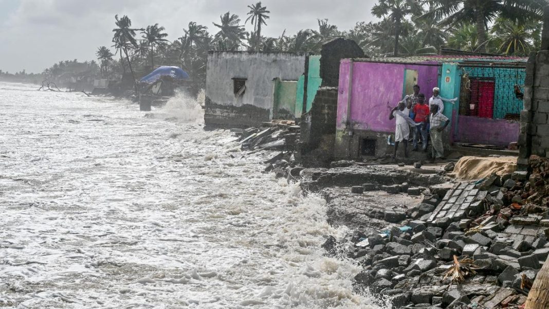 A view of houses battered by high tidal waves under the impact of Cyclone Montha at Sooradapeta Village in Kakinada district, Andhra Pradesh, on October 28, 2025. | Photo Credit: K.R. Deepak