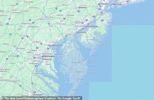 The entire state of Delaware was submerged in a map showing sea level rise reaching its estimated peak of 65 feet over the next century