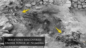 Skeletal remains found at Numera, a proposed site for Gomorrah, were unearthed from under a collapsed tower, indicating a sudden catastrophe
