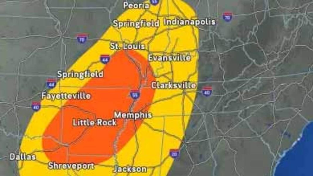 Tennessee , Mississippi, Louisiana, Arkansas, and Missouri could experience hail, thunderstorms, and flash flooding