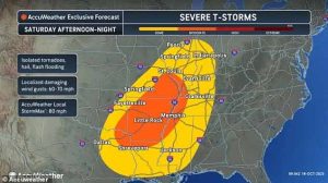 Tennessee , Mississippi, Louisiana, Arkansas, and Missouri could experience hail, thunderstorms, and flash flooding