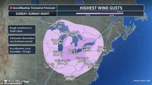 Wind speeds up to 70mph will hit the eastern US on Sunday