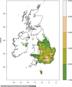 England also has three ‘tornado alleys’ that have increased chances of experiencing a tornado – south of Birmingham, southwest of Ipswich and an area focused on Guildford in Surrey, just south of London and Reading