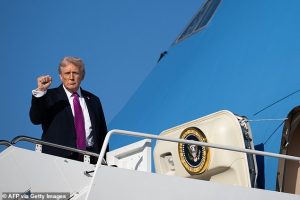 President Trump (pictured at Palm Beach International) regularly flies into the airport to visit his Florida mansion