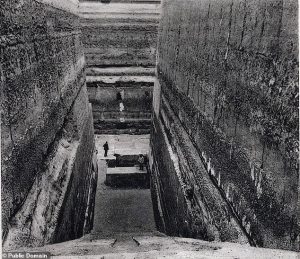 Archaeologist Alessandro Barsanti first excavated the site in the early 1900s, uncovering a colossal T-shaped pit carved into solid limestone, nearly 100 feet deep and lined with massive granite blocks. His photos are the only view people have of the site