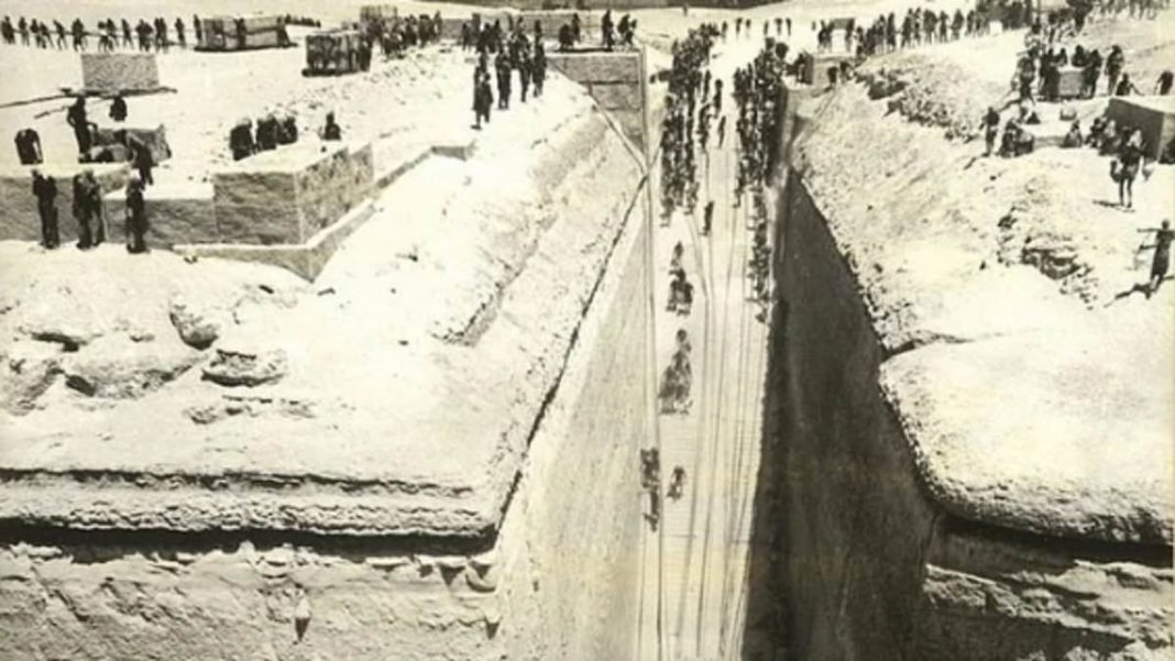 Archaeologist Alessandro Barsanti first excavated the site in the early 1900s, uncovering a colossal T-shaped pit carved into solid limestone, nearly 100 feet deep and lined with massive granite blocks