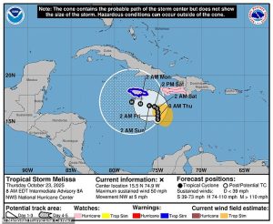 The National Hurricane Center says Melissa will reach hurricane strength as it nears Jamaica and Cuba this weekend