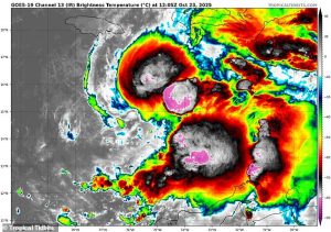 Melissa (pictured on radar) is currently a tropical storm with sustained winds of 50 mph, but is expected to become a Category 4 hurricane by Monday