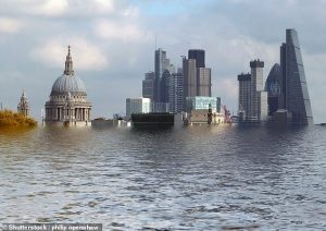 Cities and towns around the world could be plunged underwater in just 275 years, a new study has warned. Pictured: impression of London underwater