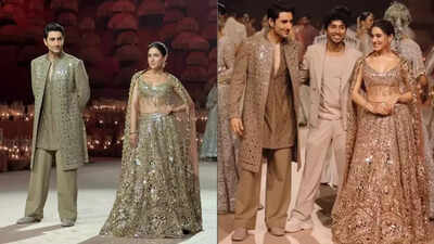 Sara and Ibrahim Ali Khan made their joint runway debut for Abhinav Mishra, showcasing his 'The Shrine' collection. Ibrahim appeared regal in a gold sherwani, while Sara closed the show confidently in a sparkling burnt orange lehenga. Their easy sibling chemistry and stylish presence brought a fresh, relatable vibe to the traditional yet modern Indian couture.