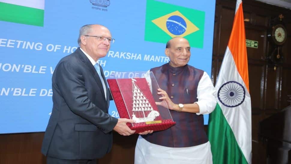 Defence Minister Rajnath Singh with Brazil’s Vice President Geraldo Alckmin in New Delhi. (Photo: X/@rajnathsingh)