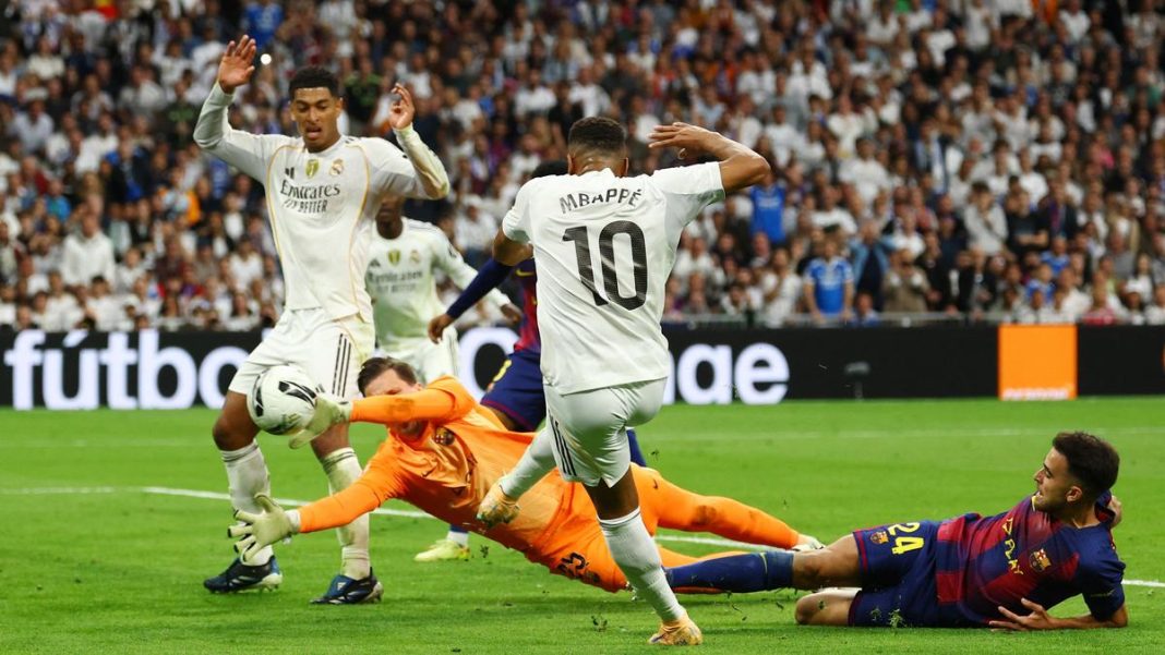 Real Madrid's Kylian Mbappe shoots at goal in the match against Barcelona, on October 26, 2025 | Photo Credit: Reuters