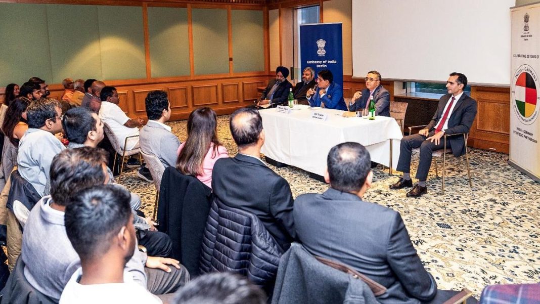Union Minister of Commerce and Industry Piyush Goyal interacts with Berlin's Indian diaspora during an official visit to meet Global Industry leaders, in Berlin on October 25, 2025. | Photo Credit: ANI