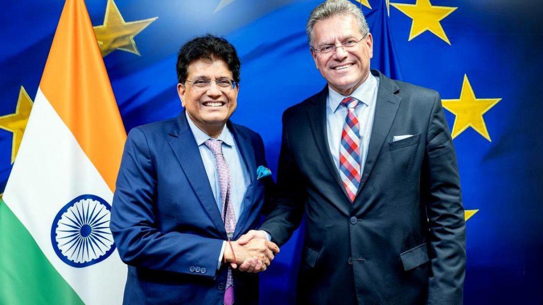 Union Minister of Commerce and Industry Piyush Goyal meets EU Commissioner for Trade and Economic Security Maros Sefcovic, in Brussels, on October 27, 2025 | Photo Credit: ANI