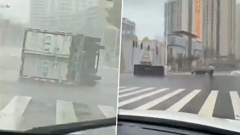 Truck Overturned by Typhoon Matmo in Zhanjiang (Photo Credits: X)