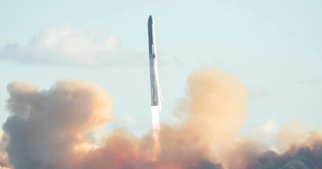 SpaceX's Starship rocket launches during the 11th test flight Monday, as seen from South Padre Island in Texas.