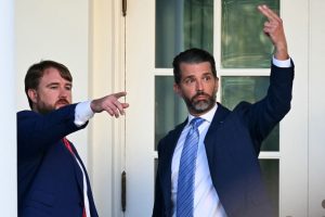 Lobbyist Charles McDowell and Donald Trump Jr. in the Rose Garden of the White House on Oct. 14. Andrew Caballero Reynolds / AFP / Getty Images