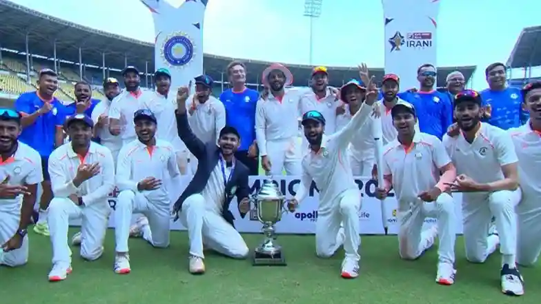 Vidarbha cricketers celebrates after winning Irani Cup (Photo Credit: X/@BCCIdomestic)