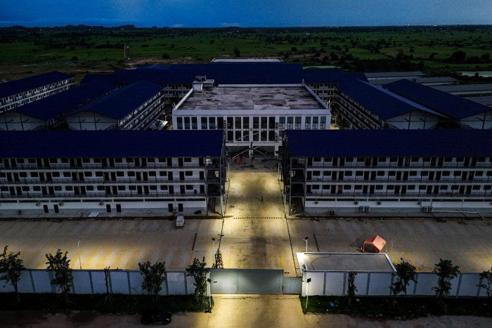 A drone view of a compound where Kim Jina, vice-foreign minister of South Korea, visited after meeting with Cambodian Prime Minister Hun Manet to discuss scam jobs that resulted in the death of a South Korean university student, in Takeo province, Cambodia, on Oct 16, 2025. REUTERS