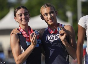 Transgender athlete AB Hernandez (right) has won state medals in the long jump and triple jump. She's currently a member of the Jurupa Valley girls volleyball team