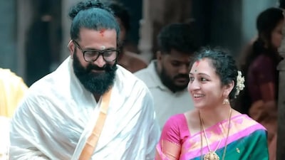 Rishab Shetty with his wife, Pragathi.