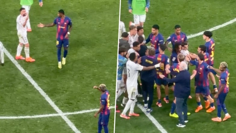 Dani Carvajal and Lamine Yamal engage in heated argument (left) and scuffle breaks out between Real Madrid and Barcelona players (right) (Photo credit: X @defcentral)