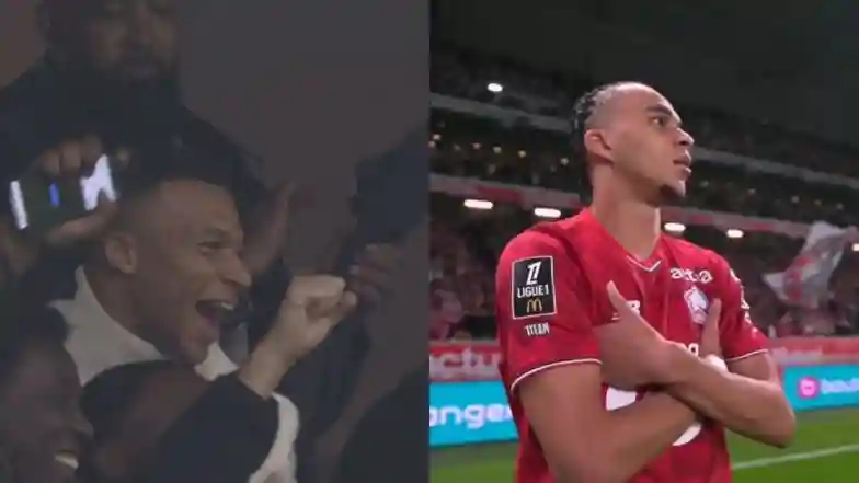 Ethan Mbappe celebrates his goal (right) and Kylian Mbappe in stands (left) (Photo credit: beinsports)