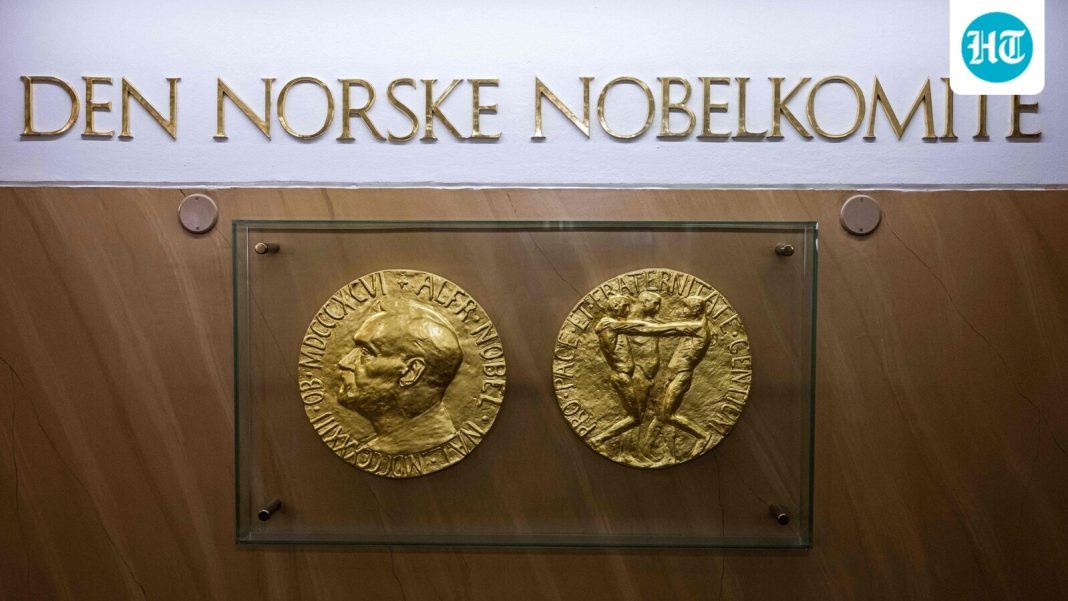 In Oslo, Norway shows replicas of the obverse and reverse of the Nobel Peace Prize medal displayed at The Norwegian Nobel Institute. The winner of the Nobel Peace Prize will be announced in Oslo on October 10, 2025.