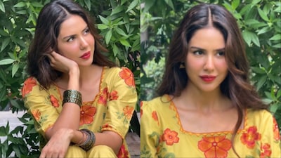 Minimal accessories and a bold red lip completed Sonam Bajwa's look.