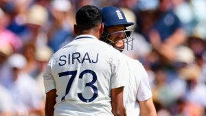 Mohammed Siraj, left, celebrates the dismissal of Ben Duckett, right, during the fourth day of the third cricket Test between England and India at Lord’s cricket ground in London. (AP Photo)