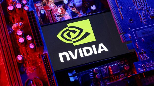An Nvidia logo and a computer motherboard