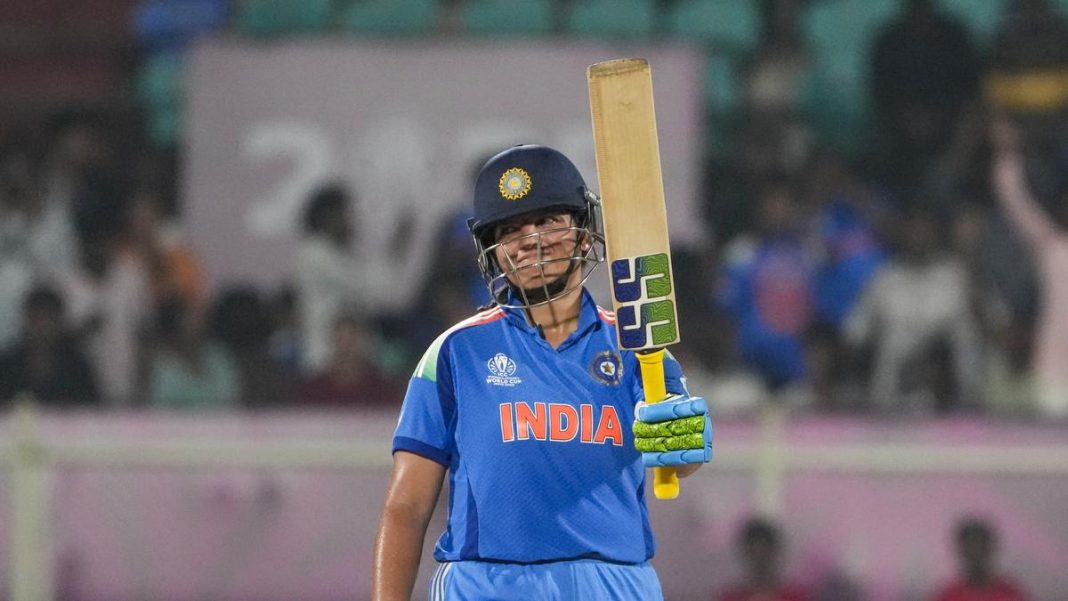 India’s Richa Ghosh celebrates her half century during the ICC Women’s World Cup ODI cricket match between India Women and South Africa Women, at the ACA-VDCA International Cricket Stadium, in Visakhapatnam, Thursday, Oct. 9, 2025. | Photo Credit: PTI