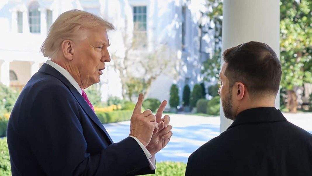 In this handout photograph taken on October 17, 2025 and released on October 18, 2025 by the Ukrainian presidential Press Service, US President Donald Trump (L) speaks with Ukraine's President Volodymyr Zelensky (R) at the White House in Washington, DC.- AFP