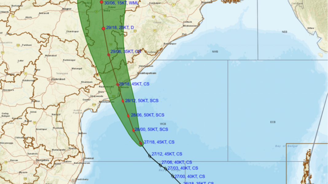 Observed (black line) and forecast track of Cyclone Montha at 11.30 pm hours on October 27, 2025. The green area depicts the cone of uncertainty. | Photo Credit: India Meteorological Department