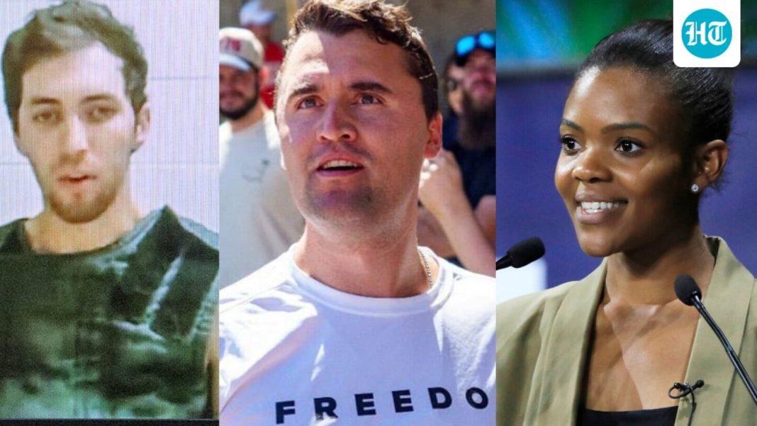 Tyler Robinson (L), Charlie Kirk and Candace Owens (R).
