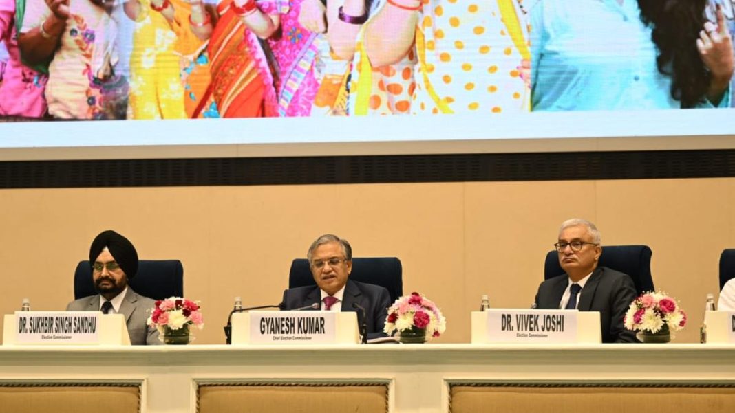 Chief Election Commissioner Gyanesh Kumar with Election Commissioner Sukhbir Singh Sandhu and Dr. Vivek Joshi addressing the media at Vigyan Bhawan in New Delhi on Monday, October 27, 2025. | Photo Credit: Sushil Kumar Verma