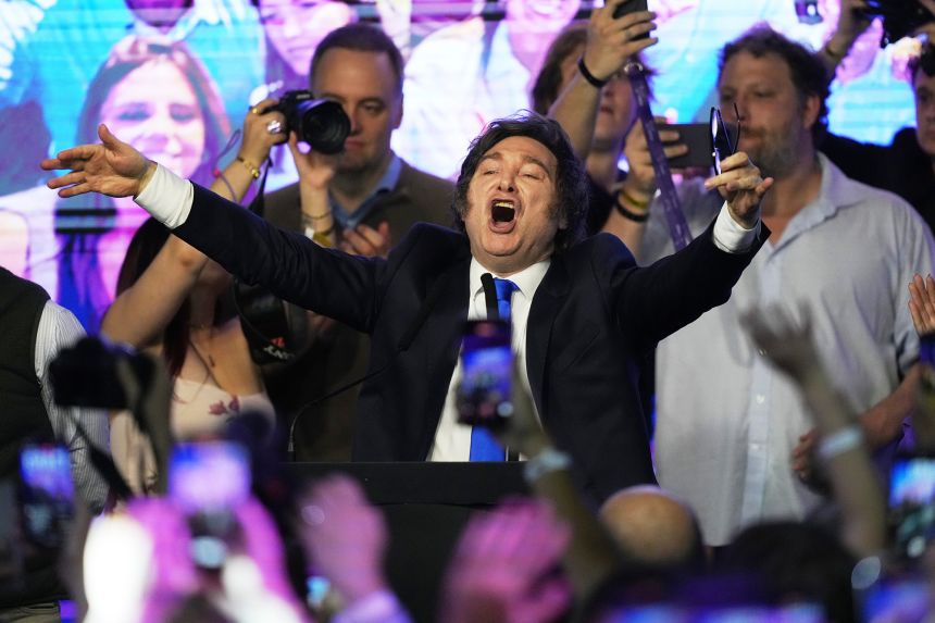 Argentina's President Javier Milei celebrates after winning in legislative midterm elections in Buenos Aires, Argentina on October 26, 2025.