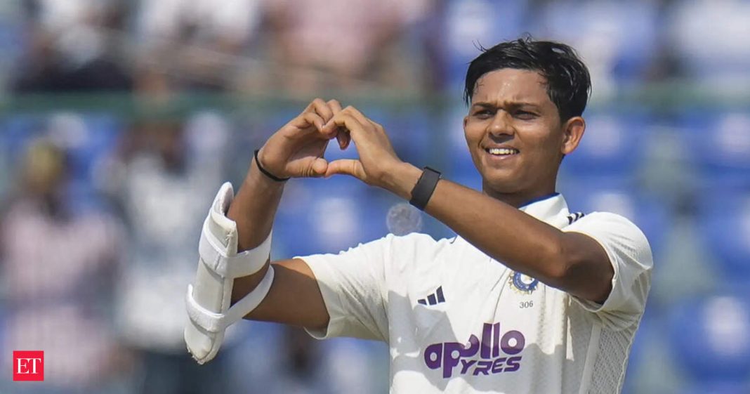 New Delhi: India's Yashasvi Jaiswal celebrates his century on day one of the second and final Test cricket match of a series between India and West Indies, at the Arun Jaitley Stadium, in New Delhi.