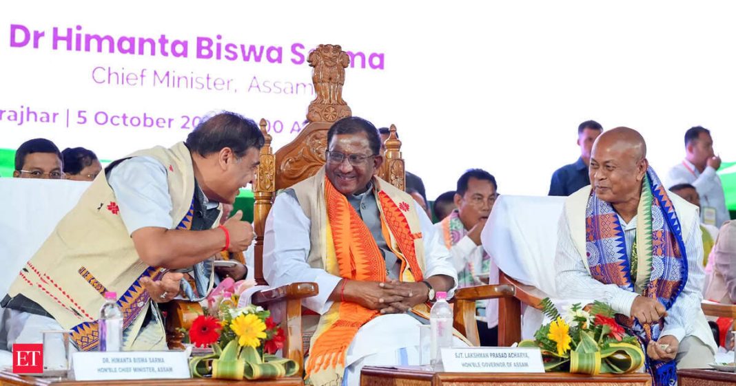 Assam Governor Lakshman Prasad Acharya, Chief Minister Himanta Biswa Sarma, Bodoland Territorial Council Chief Hagrama Mohilary, during the Chief Executive swearing-in ceremony, in Kokrajhar on Sunday.