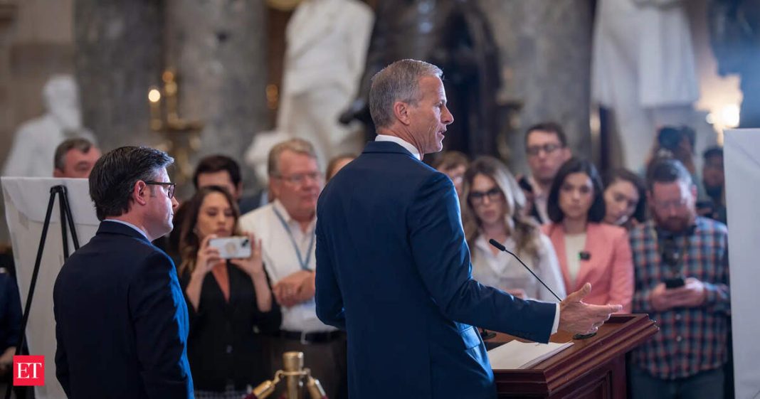 Speaker of the House Mike Johnson, (left) and Senate Majority Leader John Thune meet with reporters in Statuary Hall on the third day of the government shutdown, at the Capitol.