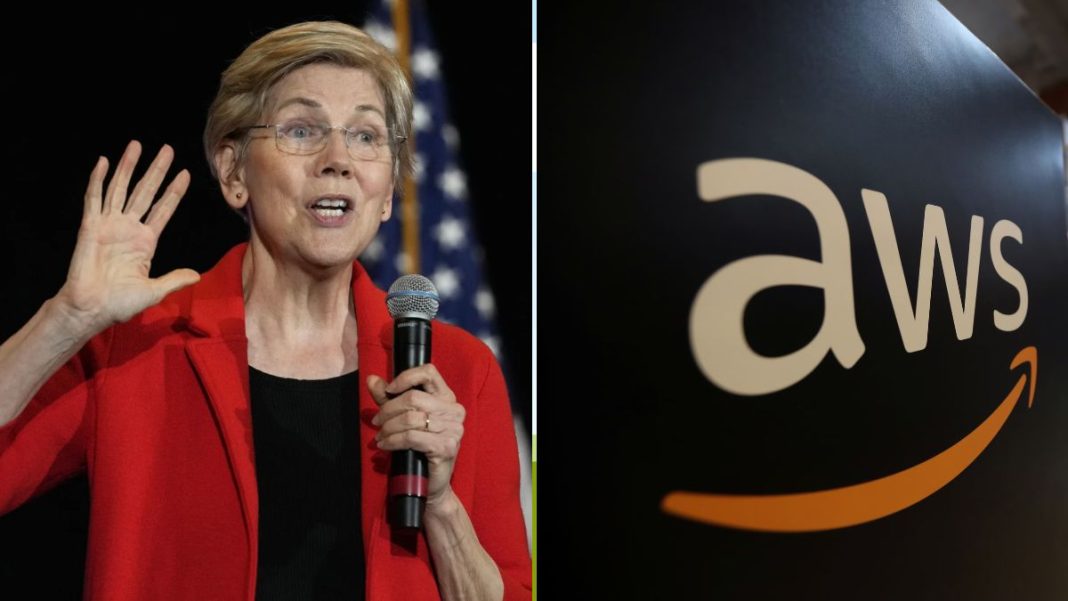 US Senator Elizabeth Warren (L), and the Amazon Web Services (AWS) logo (R) | Reuters, AP
