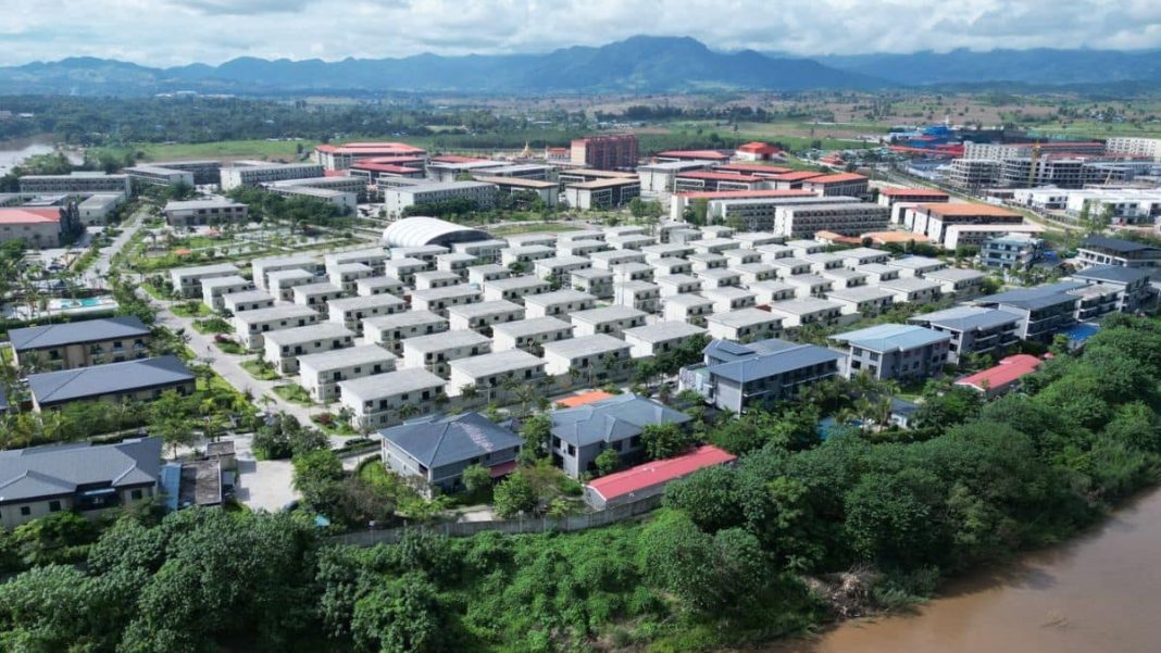 This aerial photo taken on September 17, 2025 shows the KK Park complex in Myanmar's eastern Myawaddy township, as pictured from Mae Sot district in Thailand's border province of Tak. AFP/Representational image
