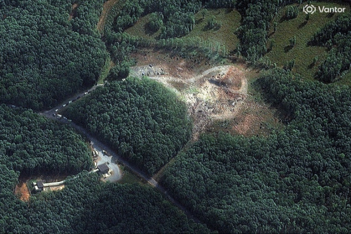 This handout satellite image released by Vantor on October 11, 2025, shows a view of the blast site following an explosion at Accurate Energetic Systems in McEwen, Tennessee