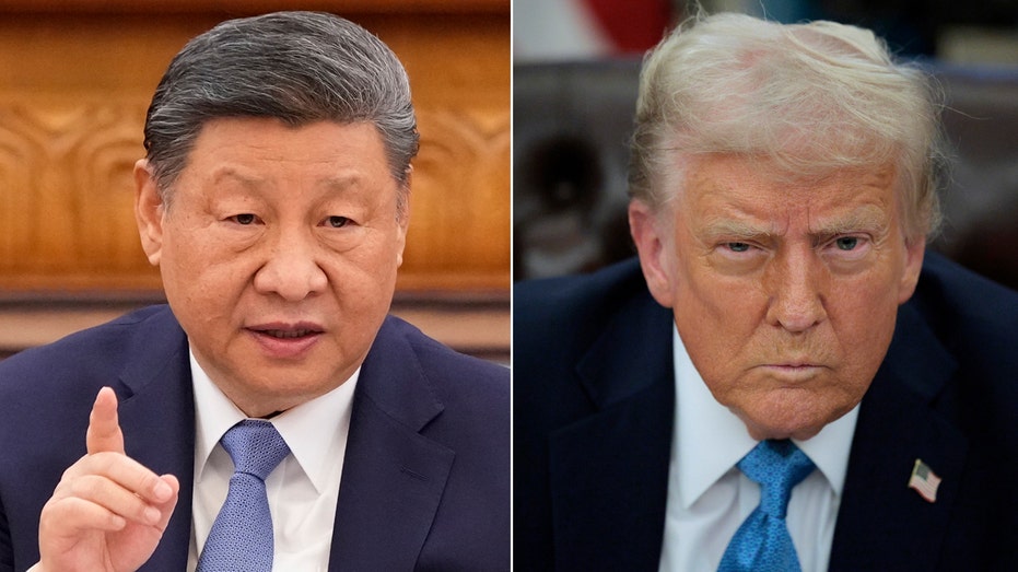Chinese President Xi Jinping speaks during an international business meeting at The Great Hall Of The People on March 28, 2025, in Beijing, China; Right: President Donald Trump talks to reporters after signing an executive order, 