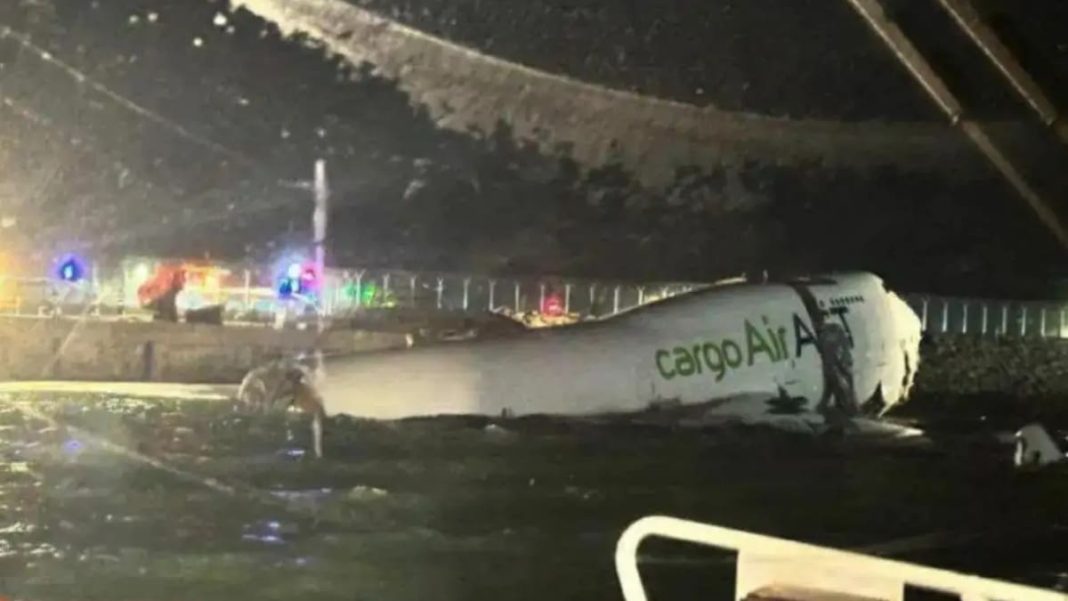 Two dead as cargo plane skids off runway into sea at Hong Kong airport. (Image: X)