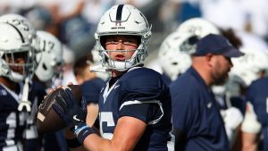 Drew Allar (15) of the Penn State Nittany Lions practices passing before the game against the Northwestern Wildcats at Beaver Stadium on Oct. 11, 2025 in State College, Pennsylvania. (Isaiah Vazquez/Getty Images)