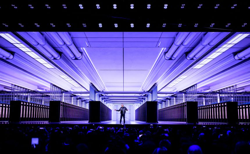 Nvidia CEO Jensen Huang delivers an address earlier this year.