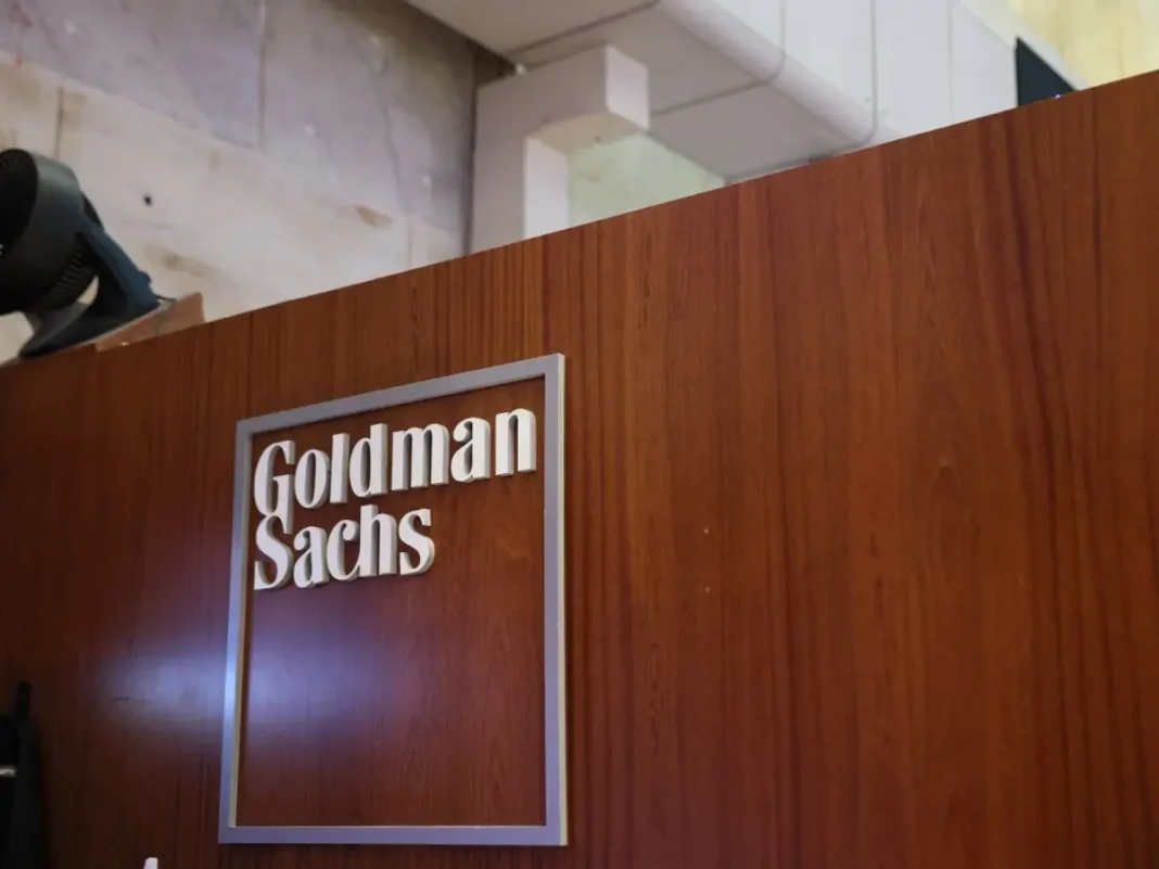 The Goldman Sachs company logo is displayed at the New York Stock Exchange.