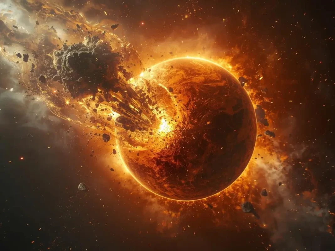 Simulated image of collision between asteroid and prot-earth