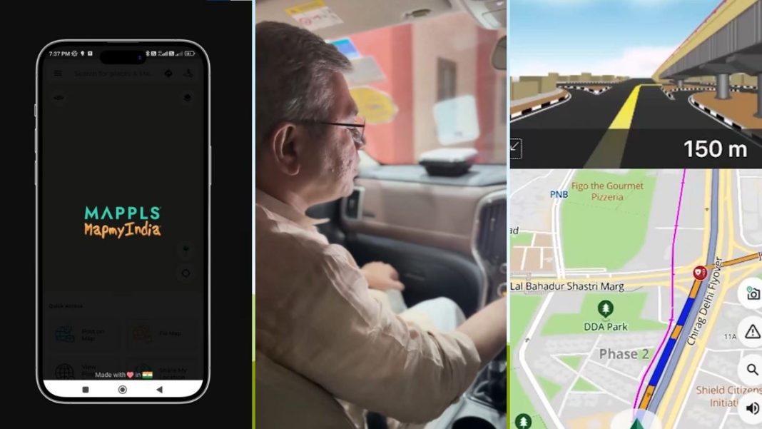 Representative images of the Mappls application; Union Minister Ashwini Vaishnaw (centre) | X